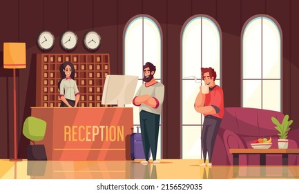 Hotel reception flat background with registration desk and place for waiting tourists vector illustration