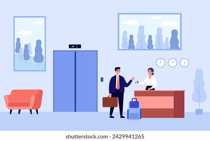 Ilustración plana de recepción del hotel. Hombre de negocios con maleta y maletín de bienvenida a la mujer en la recepción. Recepcionista mujer pasando la llave al huésped. Hotel, negocios, concepto de alojamiento turístico