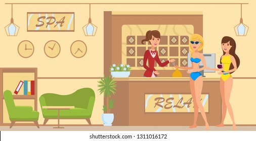 Hotel reception flat vector illustration. Lobby interior design. Receptionist giving key. Two girlfriends at sea resort and spa. Female holidaymakers cartoon characters. Summer vacation banner concept