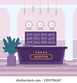 Hotel reception flat vector illustration. Luxurious guesthouse. Room reservation, check in