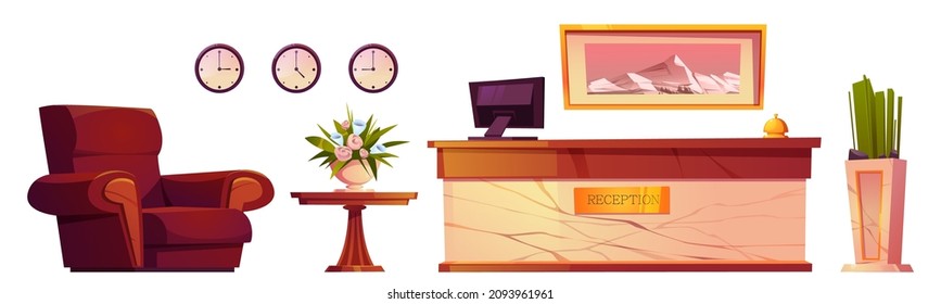 Hotel Reception Furniture And Items. Modern Desk With Computer And Bell, Table, Flower Vase, Armchair, Clocks And Picture On Wall. Inn Foyer, Hall Or Lobby Interior Objects Cartoon Vector Set, Clipart