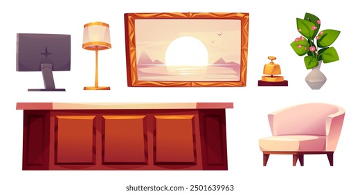 Hotel reception furniture set isolated on white background. Vector cartoon illustration of wooden desk, computer display, lamp, bell, armchair, luxury framed picture and bunch of flowers in vase