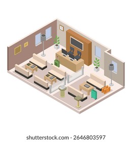 Hotel reception hall interior isometric on white background