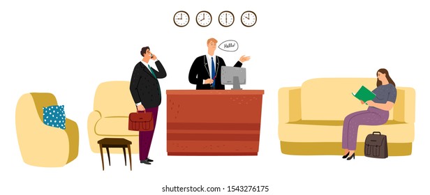 Hotel reception. Hostel waiting room interior. Vector hotel question desk