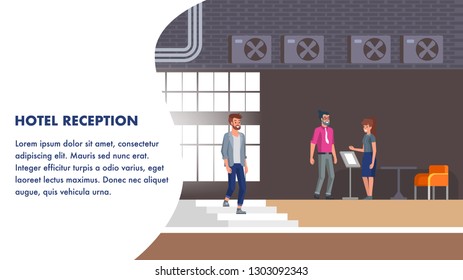 Hotel Reception Illustration. Client Booking Check at Stand. Young Client Talking with Manager about Accomodation Registration. Woman Assistant Help Guest Customer with Checkout. Travel Operator.