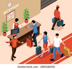 Hotel Reception Interior Desk Human Characters Of Visitors And Staff Isometric Vector Illustration