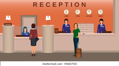 Hotel reception interior with employee and guests. Concierge desk and cash box. Resort welcoming concept. Flat vector illustration.