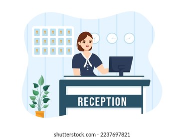 Hotel Reception Interior with Receptionist People and Travelers for Booking in Flat Cartoon Hand Drawn Template Illustration