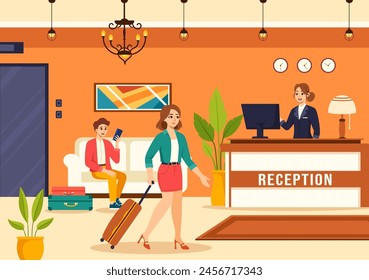 Recepción del hotel Ilustración vectorial interior con Personas recepcionistas y viajeros para reservar en fondo plano de dibujos animados
