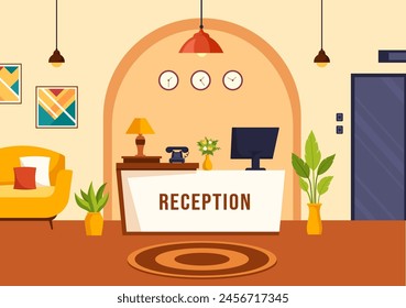 Hotel Reception Interior Vector Illustration with Receptionist People and Travelers for Booking in Flat Cartoon Background