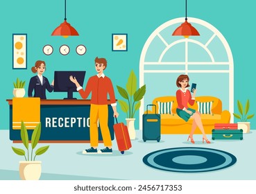 Hotel Reception Interior Vector Illustration with Receptionist People and Travelers for Booking in Flat Cartoon Background
