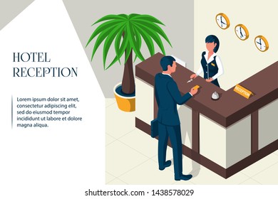 Hotel reception isometric design. Businessman with a suitcase settled in a hotel. The girl gives the key. Landing page template, advertisement. Vector illustration