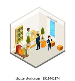 Hotel reception. Isometric hostel receptionist tourists. Hotel info desk vector illustration