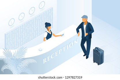 Hotel Reception Isometric Vector. Hotel Receptionist at Counter Welcoming Newly Arrived Guest with Luggage, Giving Room Key to Client Illustration. Modern Hotel Services, Women Job Opportunity Concept