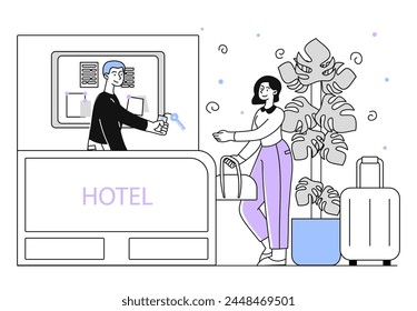 Hotel reception linear. Man recepionist with client. Woman with suitcase rent apartment or room. Holiday and vacation, tourism. Doodle flat vector illustration isolated on white background