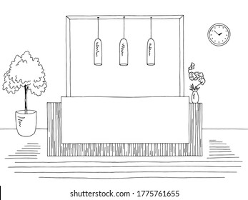 Hotel reception lobby interior graphic black white sketch illustration vector