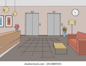 Hotel reception lobby interior graphic color sketch illustration vector 