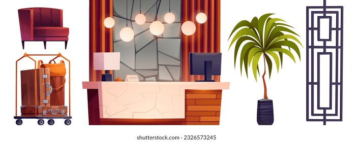 Recepción del hotel y conjunto de vectores de dibujos animados en el interior del vestíbulo. Área de bienvenida profesional para oficinas, conserjería y diseño de mobiliario de mesa para maletas. Corredor o pasillo cubierto en el edificio del albergue