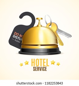 Hotel Reception and Room Service Banner with Realistic Detailed 3d Reception Bell, Door Handle and Key. Vector illustration