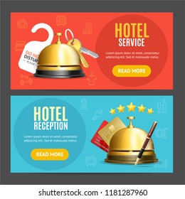 Hotel Reception Service Banner Horizontal Set with Realistic Detailed 3d Elements Include of Key. Vector illustration of Banners Cards