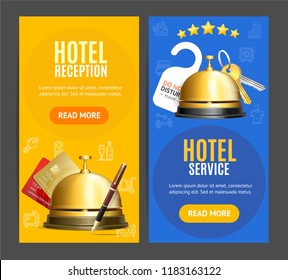 Hotel Reception Service Banner Vertical Set with Realistic Detailed 3d Elements Include of Reception Bell. Vector illustration of Banners Cards