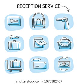 Hotel reception service icon set, with, luggage trolles, taxi, keycard, letter, money exchange, booking.  Hand drawn cartoon sketch vector illustration, marker style coloring on blue tiles.