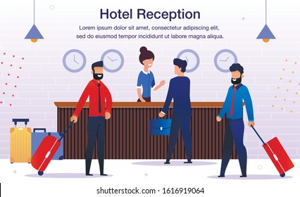 Hotel Reception Service Trendy Flat Vector Advertising Banner, Promo Poster Template. Female Receptionist at Counter Desk Welcoming and Registering Guests, Communicating with Clients Illustration