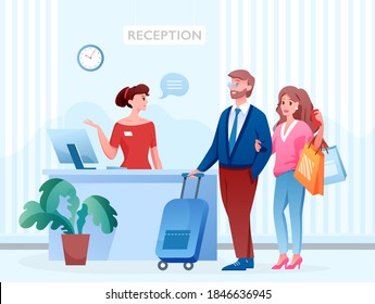 Hotel reception vector illustration. Cartoon tourist guest couple people with suitcase standing next to receptionist registration desk in hotel lobby hall interior, hospitality service background