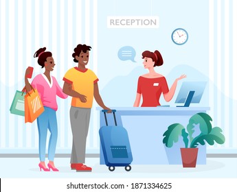 Hotel reception vector illustration with cartoon professional woman receptionist character and traveller couple people holding luggage suitcase, hotel reception counter in lobby interior background