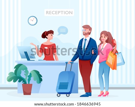 Hotel reception vector illustration. Cartoon tourist guest couple people with suitcase standing next to receptionist registration desk in hotel lobby hall interior, hospitality service background