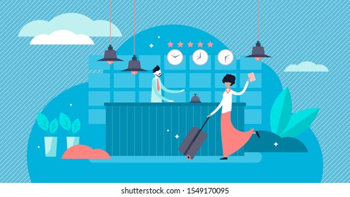 Hotel reception vector illustration. Flat tiny check in process persons concept. Tourist with room reservation and booking voucher. Symbolic holiday and travel mood with lobby staff desk and baggage.