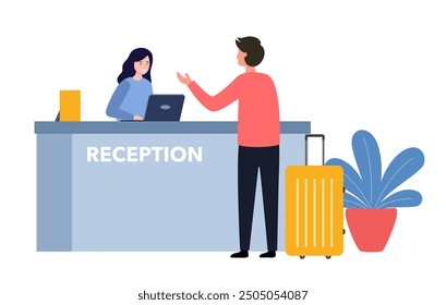 Hotel reception vector illustration. Tourist or traveller man standing at desk in lobby room interior. Guest talking with receptionist, registration hotel service.