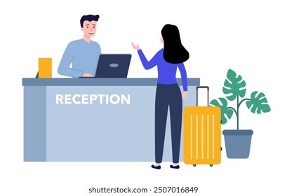 Hotel reception vector illustration. Tourist or traveller woman standing at desk in lobby room interior. Guest talking with receptionist, registration hotel service.