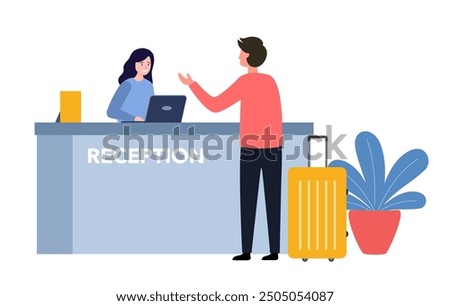 Hotel reception vector illustration. Tourist or traveller man standing at desk in lobby room interior. Guest talking with receptionist, registration hotel service.