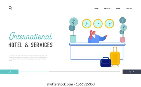 Hotel Reception Website Landing Page. Receptionist at Desk with Room Keys at Hall. Modern Motel Inn Lobby Interior. Hospitality Tourism Business Trip Web Page Banner. Cartoon Flat Vector Illustration
