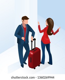 Hotel Reception Woman Receptionist Welcome Tourist with Suitcase Modern Hotel Lobby Vector Isometric Illustration. Vacation Business Trip Travel Room Reservation Service Assistant Manager Help