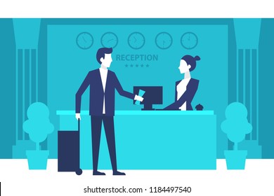 Hotel reception. Young man giving reservation papers to a woman receptionist that stands at reception desk. Travel hospitality hotel booking concept. Eps 10 Vector illustration Minimalist white blue.