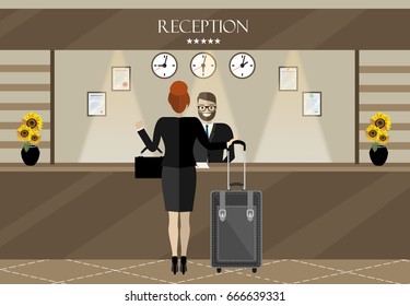 Hotel Reception. Young Man Receptionist Stands At Reception Desk, In The Lobby Are Also Visitors. Travel, Hospitality, Hotel Booking Concept. Vector Illustration