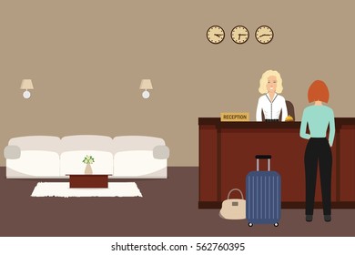 Hotel reception. Young woman receptionist stands at reception desk. There is a white sofa and table with flowers also in the picture. Travel, hospitality, hotel booking concept. Vector illustration