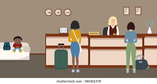 Hotel reception. Young woman receptionist stands at reception desk, in the lobby are also visitors. Travel, hospitality, hotel booking concept. Vector illustration