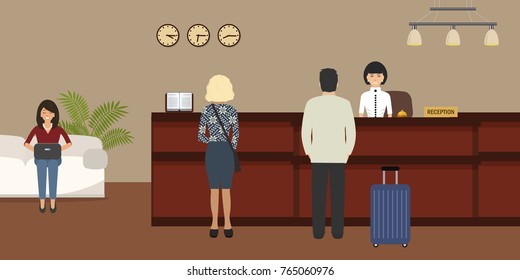 Hotel reception. Young woman receptionist stands at reception desk. There are also visitors here. Travel, hospitality, hotel booking concept. Vector image