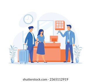 hotel receptionist concept, Hotel scene with couple registration. Man and woman at reception desk with suitcases, receptionist with key, flat vector modern illustration