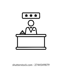 Hotel receptionist at front desk icon black and white vector illustration of concierge service with three star rating sign