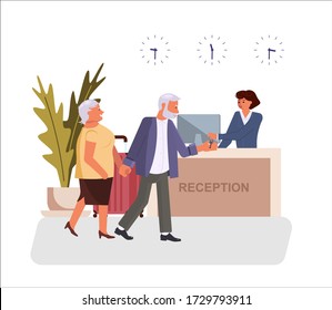Hotel receptionist gives the key to the room to pair of old tourists or elderly travellers. Scene with guests reception desk in hotel lobby isolated on white background. Flat Art Vector Illustration
