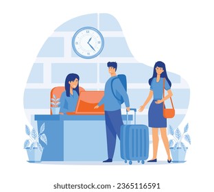 Hotel receptionist, guests talking with receptionist, registration hotel service, flat vector modern illustration