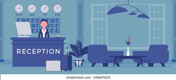 Hotel receptionist in lobby at front desk. Woman in reception area, greets and deals with clients, city visitors, interior, service for travellers, tourists. Vector illustration, faceless characters