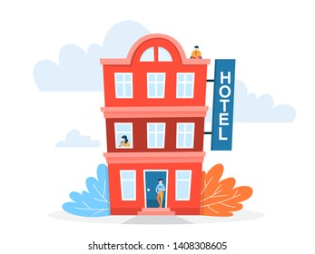 Hotel red building in the city. Modern architecture, exterior front view on the facade. Idea of vacation in comfortable apartment. Isolated vector illustration in cartoon style