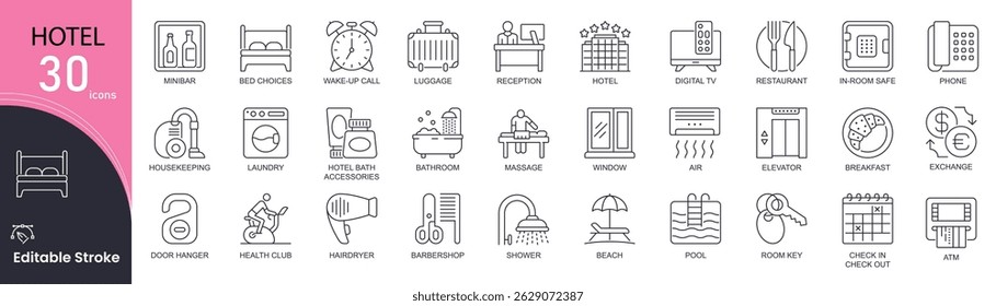 Hotel related line icons set. Pack outline pictograms of passport, airport, luggage, reception, exchange, restaurant, housekeeping and other. Editable stroke . Outline icons.