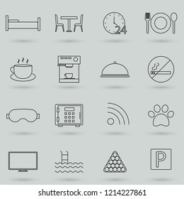 Hotel related vector icon set. Well-crafted sign in thin line style with editable stroke. Vector symbols isolated on a white background. Simple pictograms.