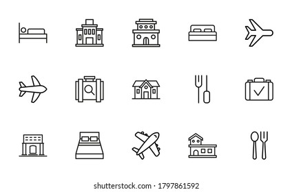 Hotel related vector icon set. Well-crafted sign in thin line style with editable stroke. Vector symbols isolated on a white background. Simple pictograms.